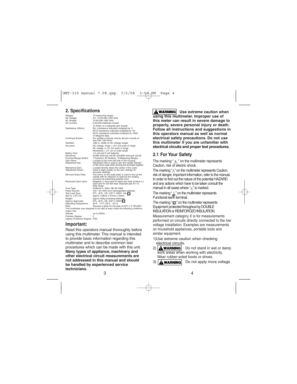 1 for your safety, Specifications, Important | Gardner Bender GMT-319 7 Function Analog Multimeter User Manual | Page 3 / 26