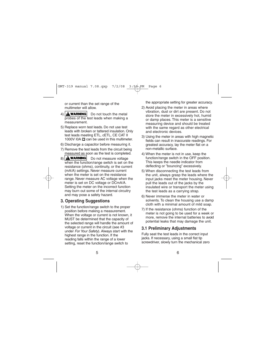 Gardner Bender GMT-319 7 Function Analog Multimeter User Manual | Page 4 / 26