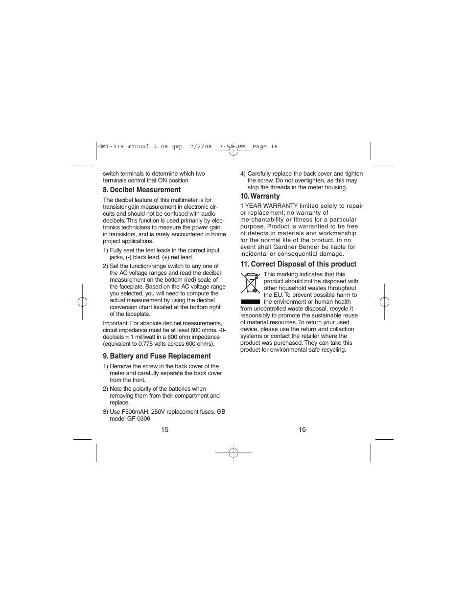 Gardner Bender GMT-319 7 Function Analog Multimeter User Manual | Page 9 / 26