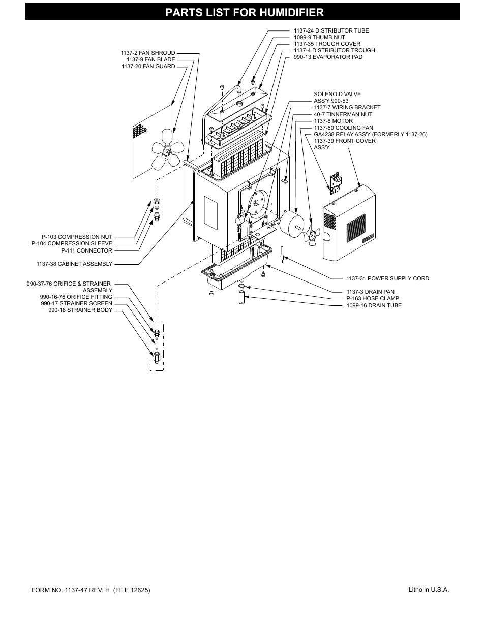 Parts list for humidifier | GeneralAire 1137 SERIES Legacy User Manual | Page 2 / 4