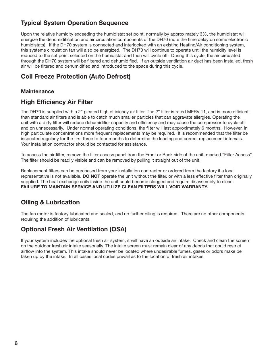 Typical system operation sequence, Coil freeze protection (auto defrost), High efficiency air filter | Oiling & lubrication, Optional fresh air ventilation (osa) | GeneralAire DH70 Dehumidifier User Manual | Page 6 / 8
