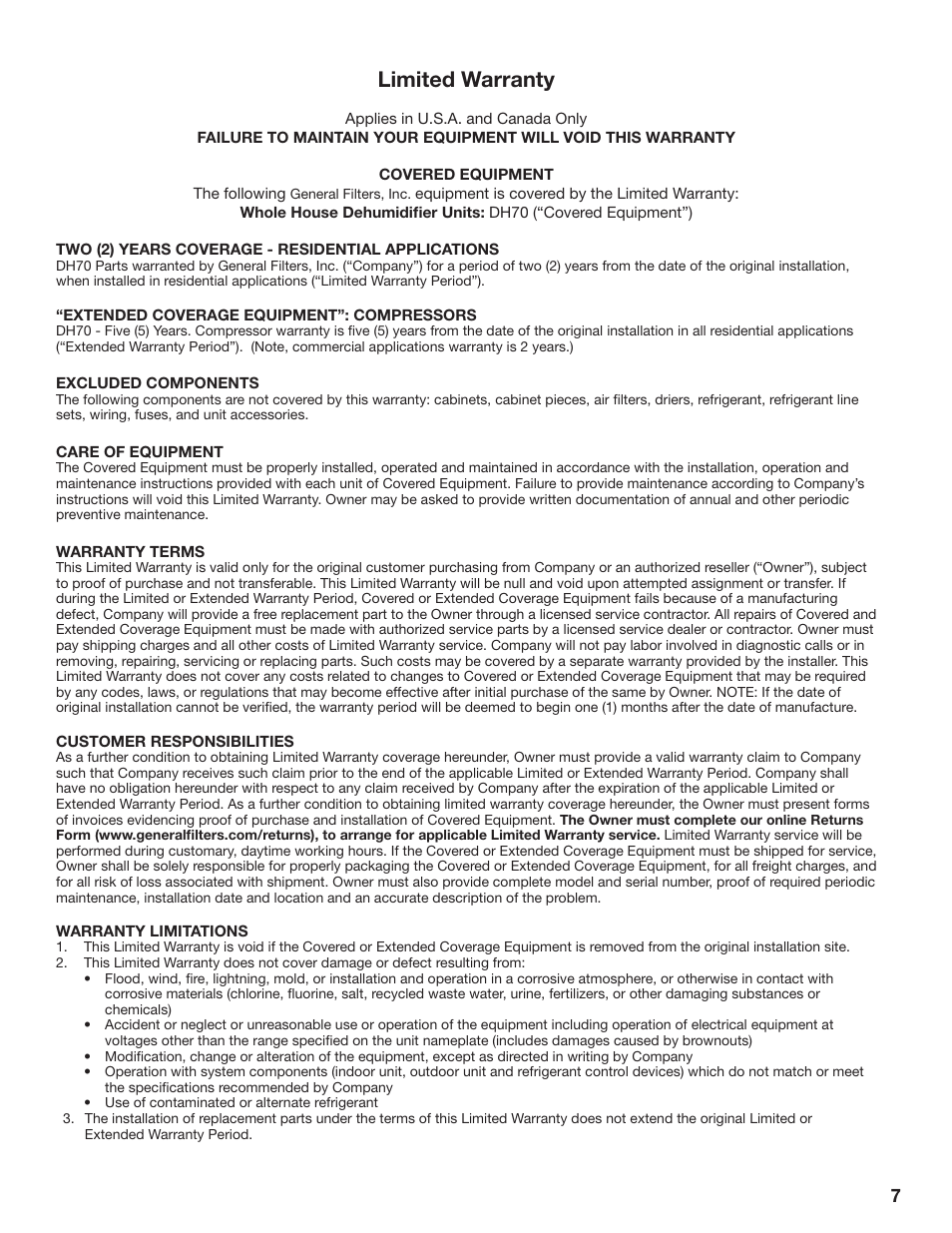 Limited warranty | GeneralAire DH70 Dehumidifier User Manual | Page 7 / 8