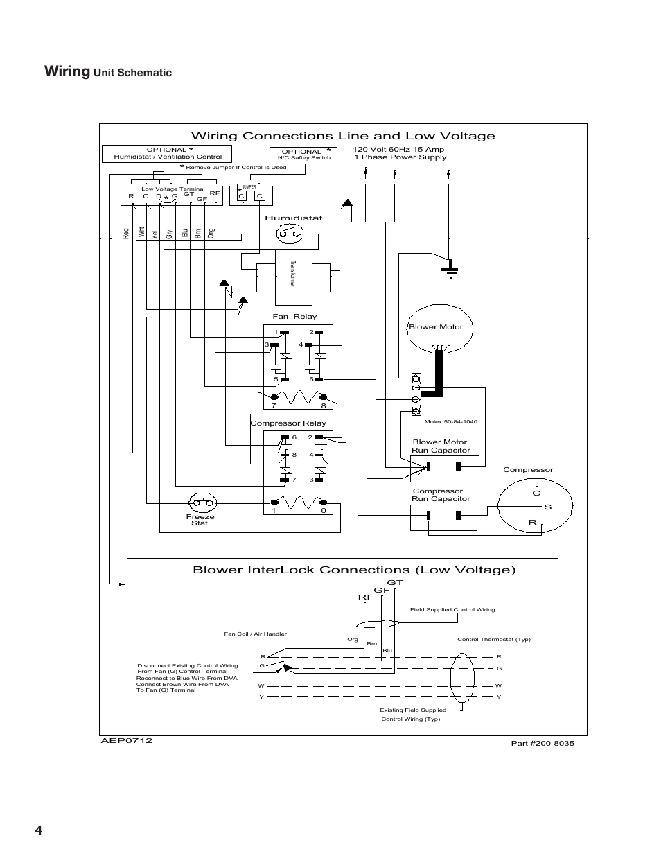 Wiring, Unit schematic, Blower interlock connections (low voltage) | Wiring connections line and low voltage | GeneralAire DH95 Dehumidifier User Manual | Page 4 / 8