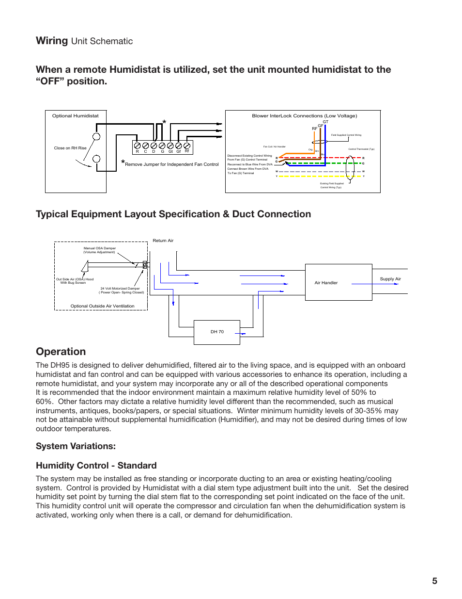 Operation, Wiring, System variations: humidity control - standard | Unit schematic | GeneralAire DH95 Dehumidifier User Manual | Page 5 / 8