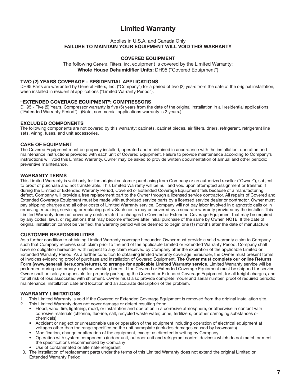 Limited warranty | GeneralAire DH95 Dehumidifier User Manual | Page 7 / 8