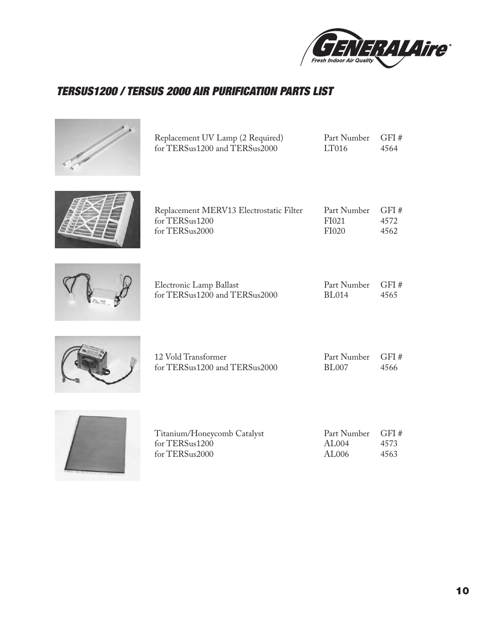 GeneralAire TERsus 2000 User Manual | Page 11 / 12