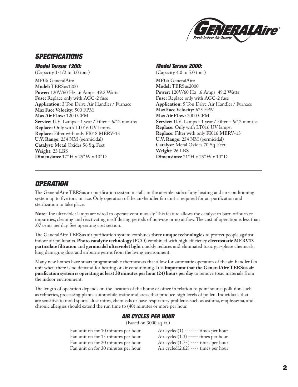 Specifications, Operation | GeneralAire TERsus 2000 User Manual | Page 3 / 12