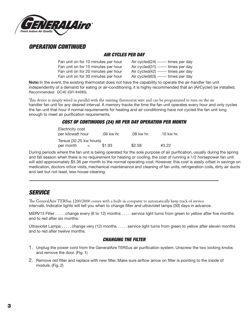 Service, Operation continued | GeneralAire TERsus 2000 User Manual | Page 4 / 12