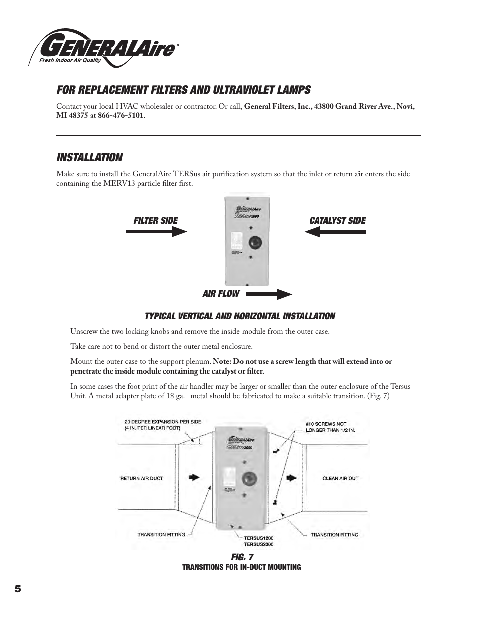 For replacement filters and ultraviolet lamps, Installation | GeneralAire TERsus 2000 User Manual | Page 6 / 12
