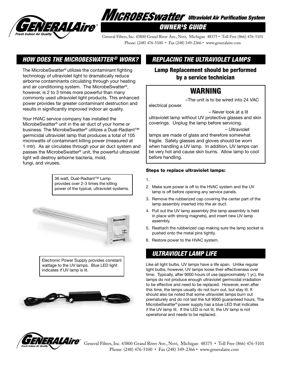 Warning, Owner's guide, How does the microbeswatter | Work | GeneralAire MS24 MicrobeSwatter User Manual | Page 2 / 2