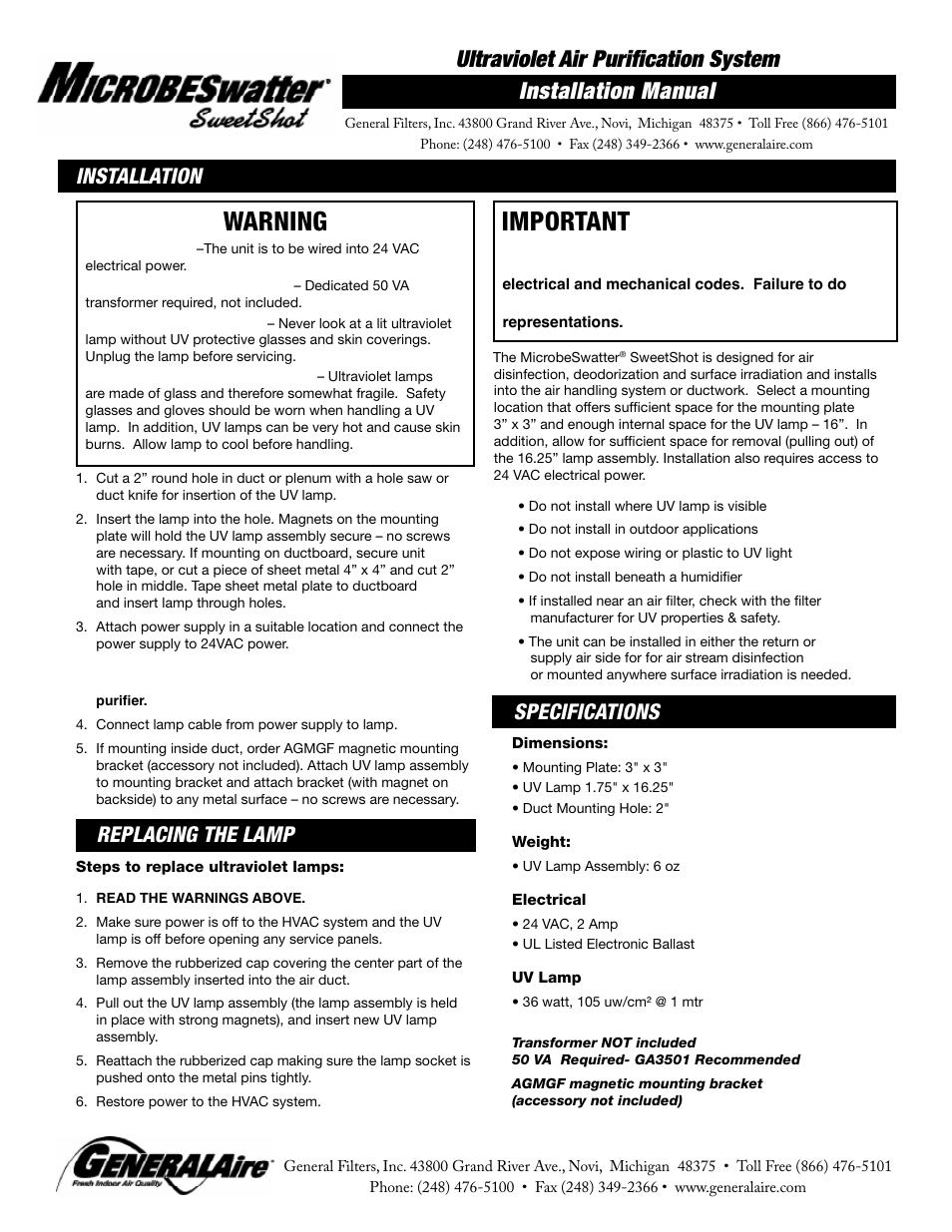 Warning, Important, Installation manual | Ultraviolet air purification system, Installation, Specifications replacing the lamp | GeneralAire MS24OZ MicrobeSwater SweetShot User Manual | Page 2 / 2