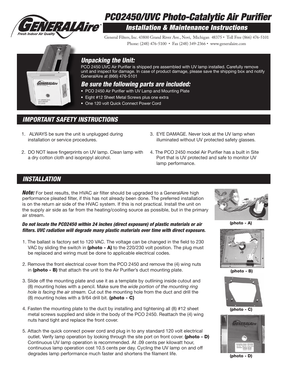 GeneralAire PCO2450 VectorFlo User Manual | 2 pages