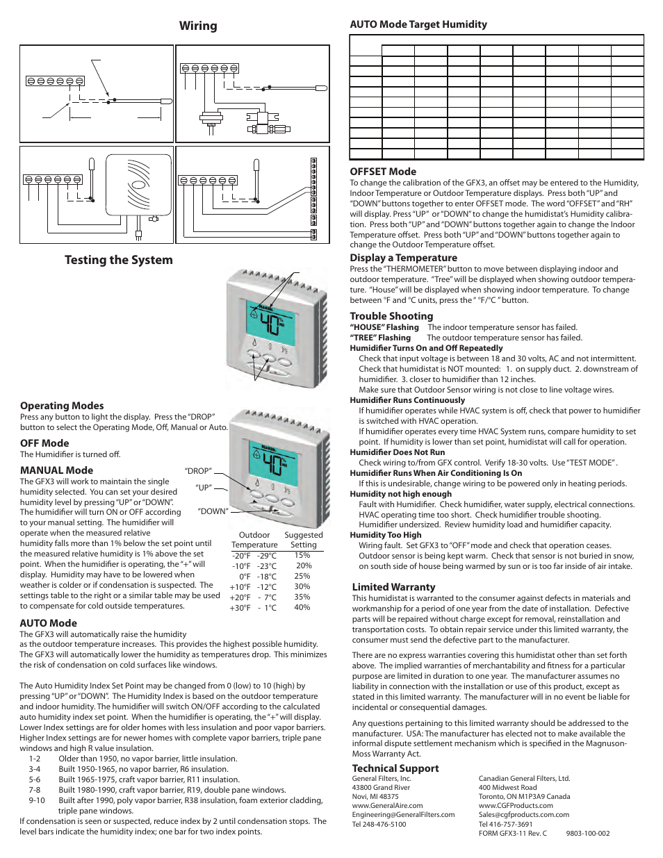 Wiring testing the system, Operating modes, Off mode | Manual mode, Display a temperature, Limited warranty, Technical support, Trouble shooting, Auto mode, Offset mode | GeneralAire GFX3 User Manual | Page 2 / 2