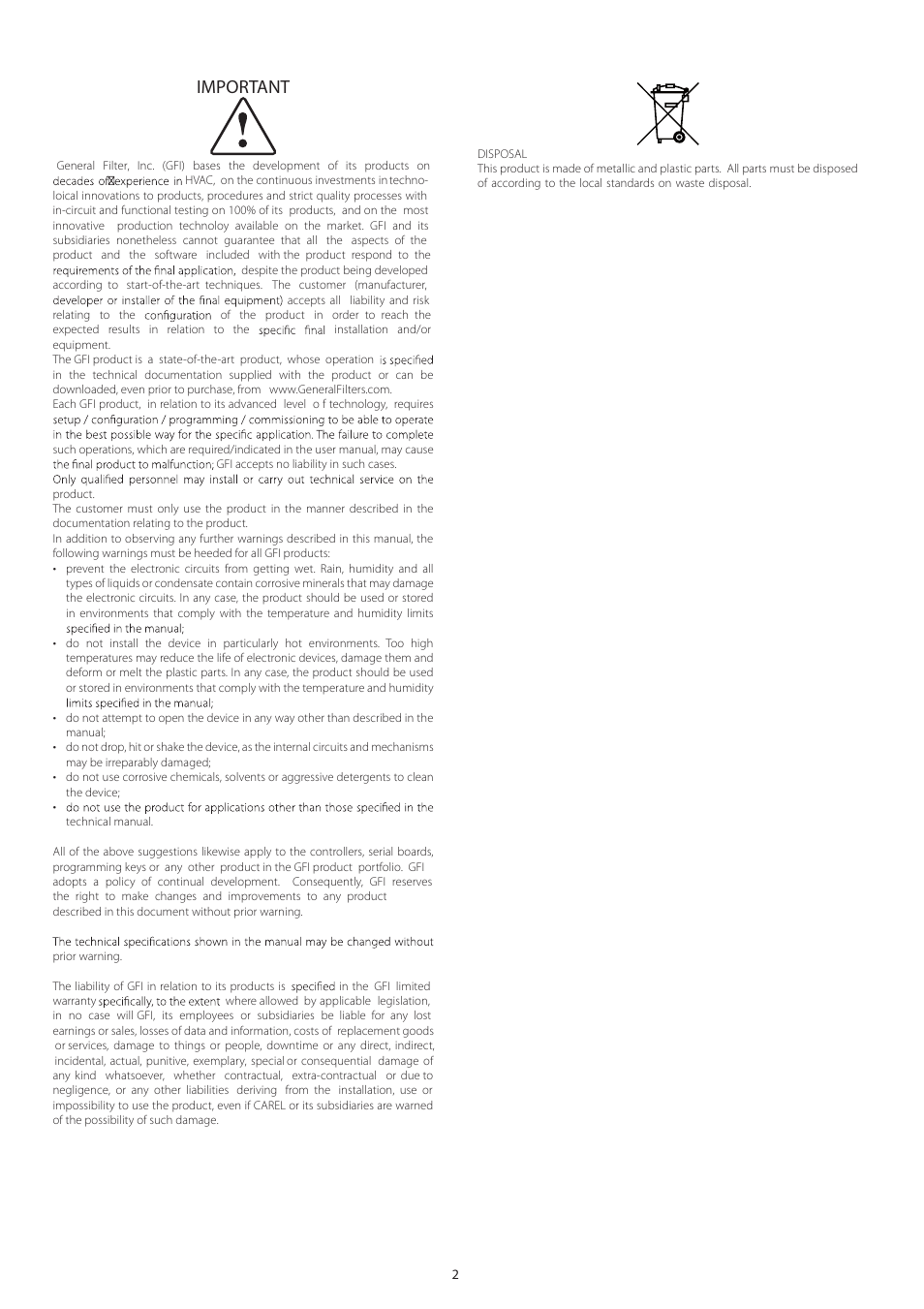 Important | GeneralAire GFX50 User Manual | Page 2 / 12