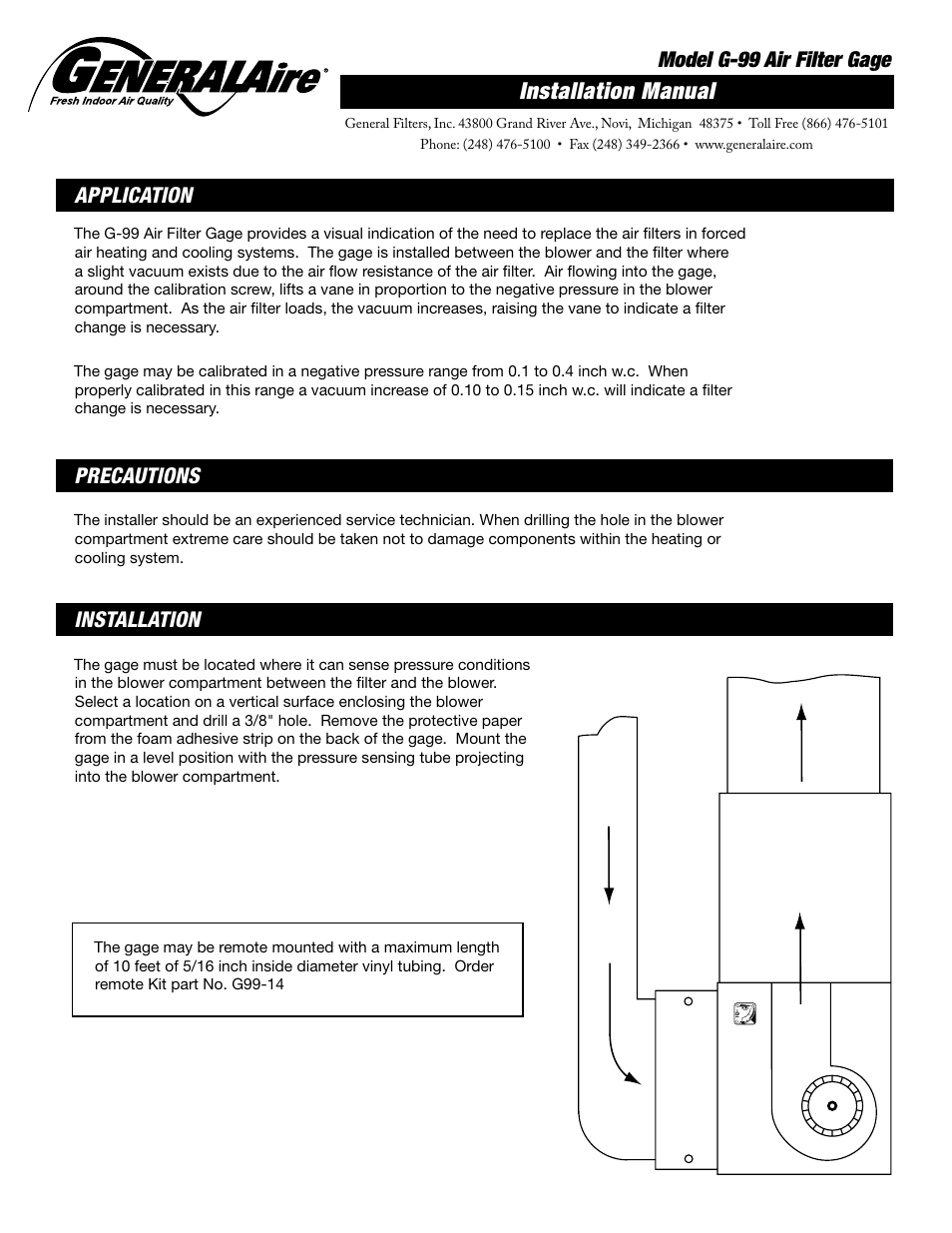 GeneralAire G-99 Air Filter Gage User Manual | 2 pages