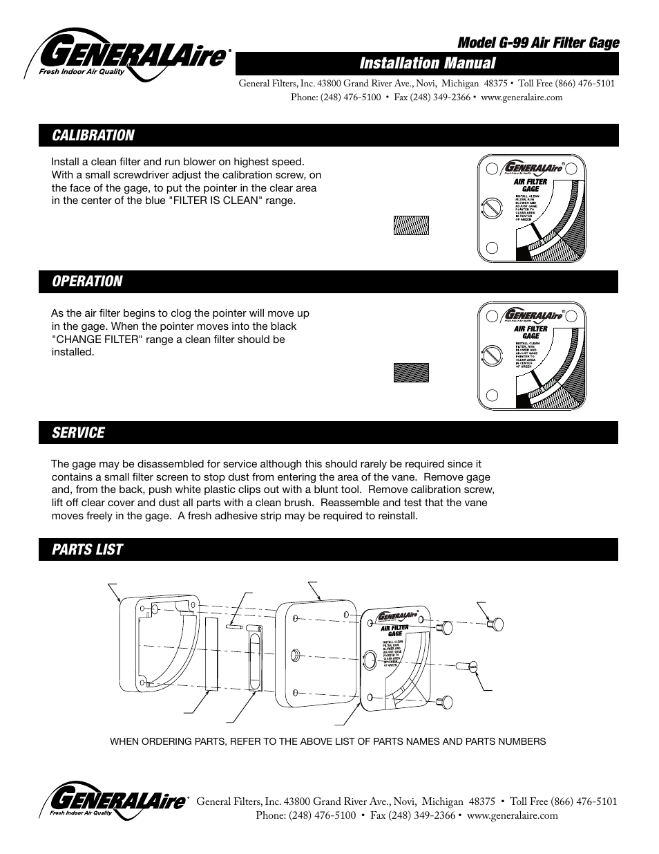 Installation manual, Model g-99 air filter gage, Calibration operation service parts list | Blue, Black | GeneralAire G-99 Air Filter Gage User Manual | Page 2 / 2