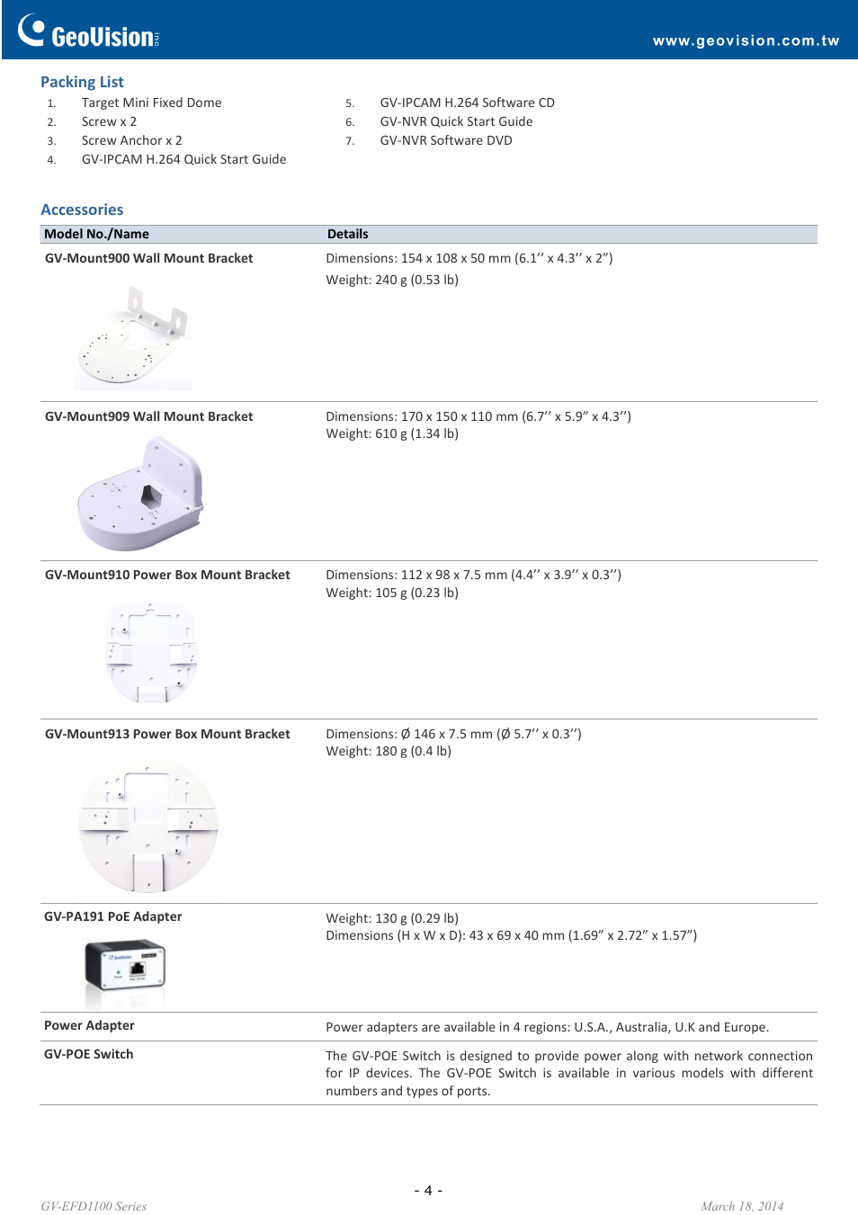 Packing list, Accessories | GeoVision EFD1100 Series User Manual | Page 4 / 4