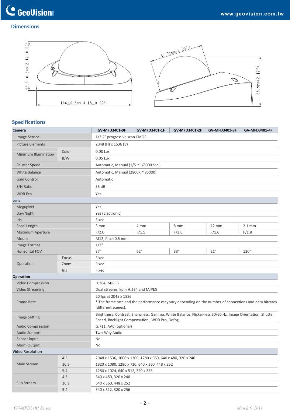 Dimensions, Pecifications s | GeoVision MFD3401 User Manual | Page 2 / 5