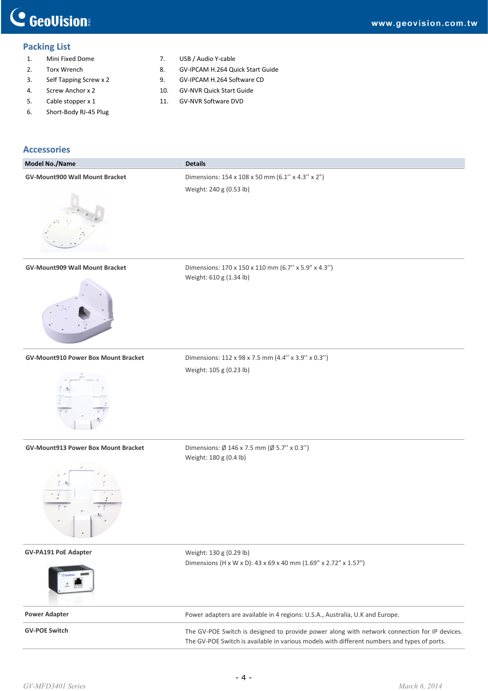 Packing list, Accessories | GeoVision MFD3401 User Manual | Page 4 / 5