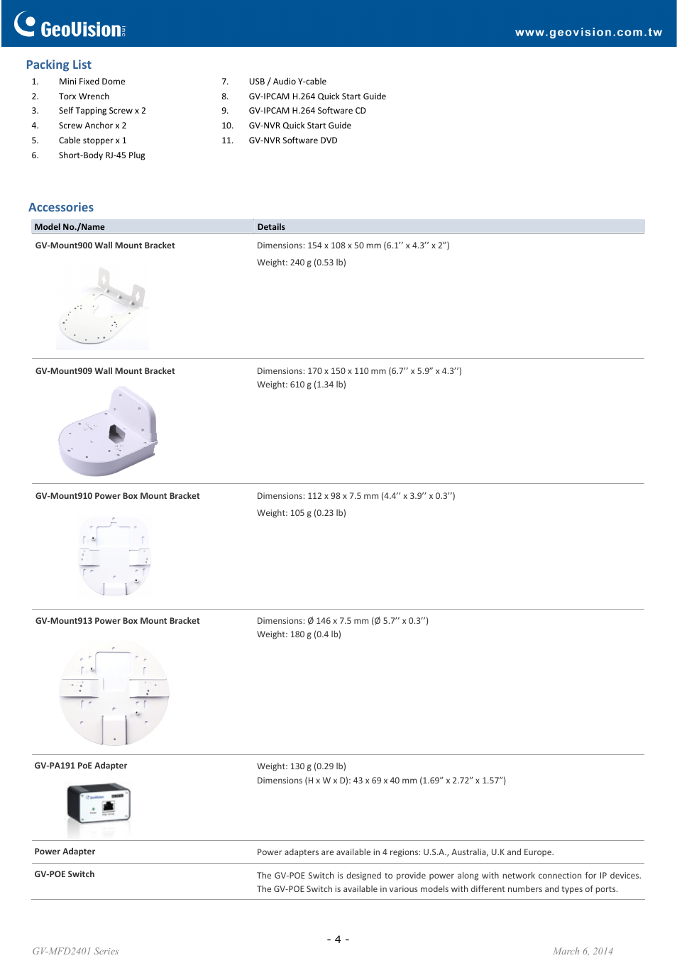 Packing list, Accessories | GeoVision MFD2401 User Manual | Page 4 / 5