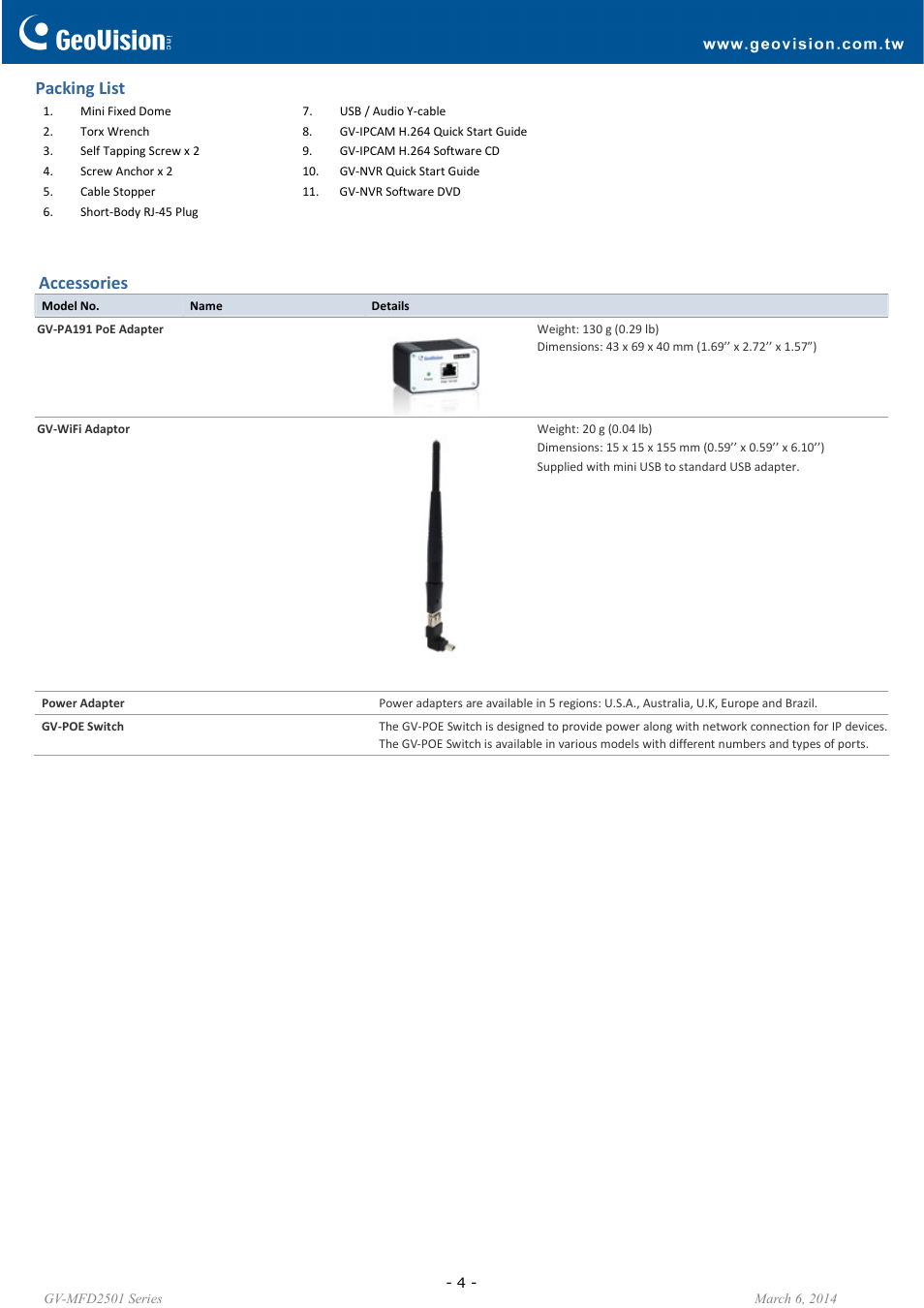 Packing list, Accessories | GeoVision MFD2501 User Manual | Page 4 / 4