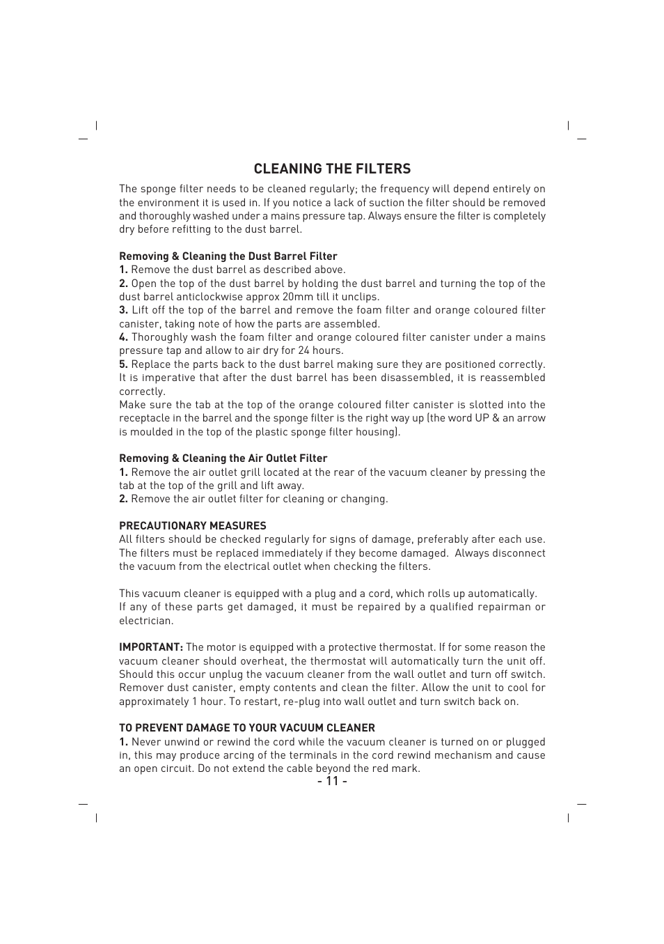 Cleaning the filters | SINBO SVC 3459 User Manual | Page 12 / 51