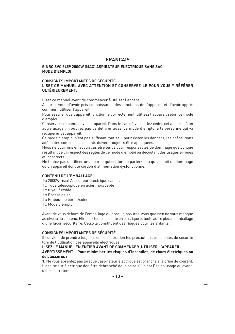 Français | SINBO SVC 3459 User Manual | Page 14 / 51