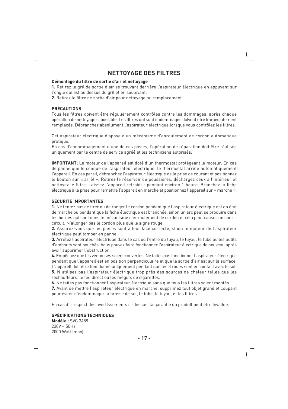 Nettoyage des filtres | SINBO SVC 3459 User Manual | Page 18 / 51