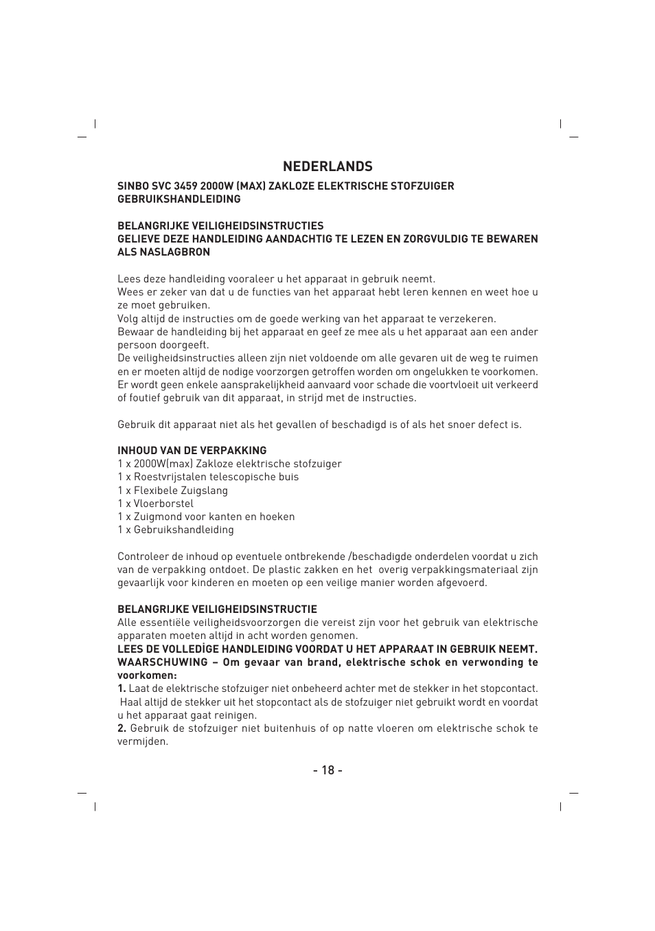 Nederlands | SINBO SVC 3459 User Manual | Page 19 / 51