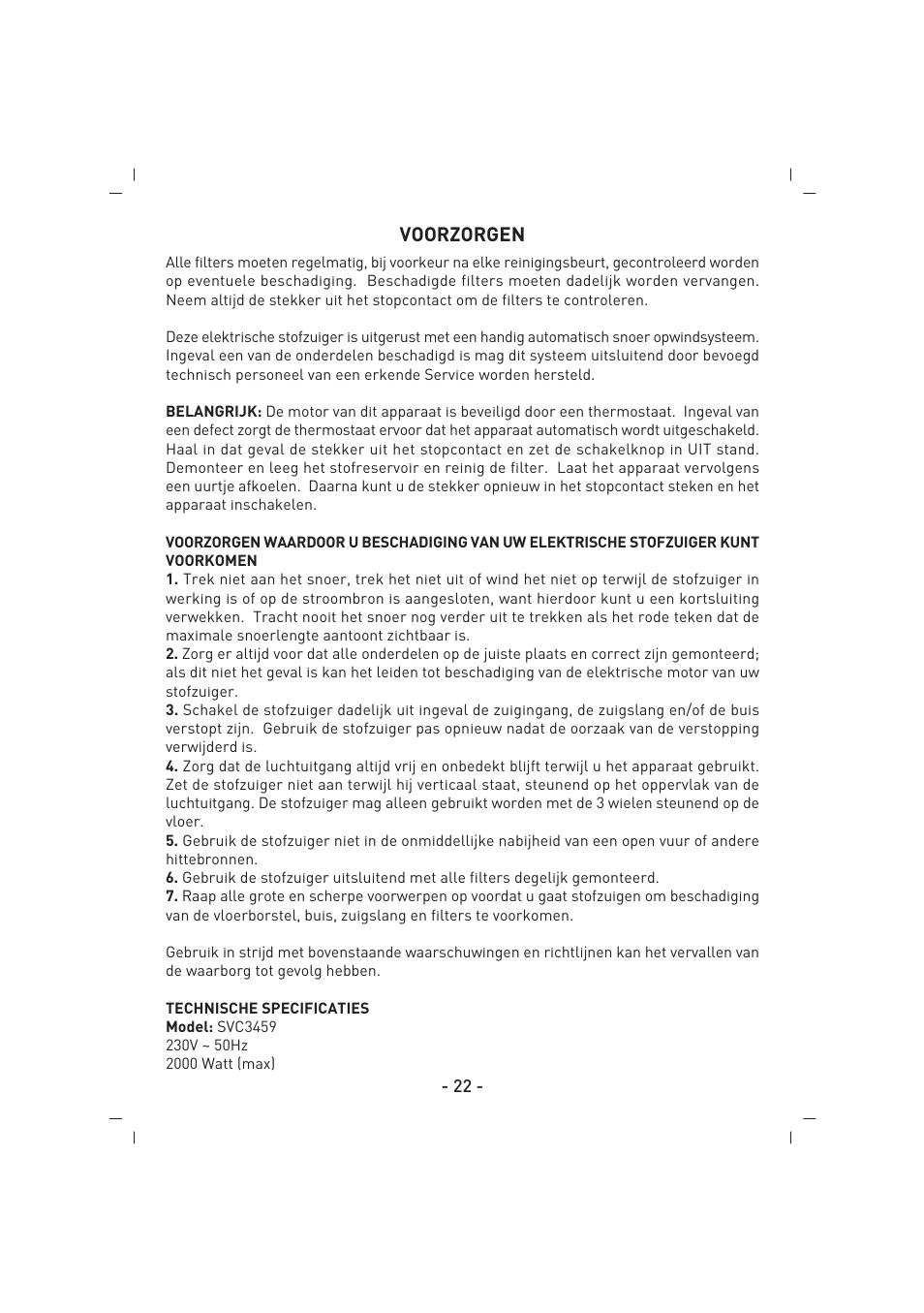 Voorzorgen | SINBO SVC 3459 User Manual | Page 23 / 51