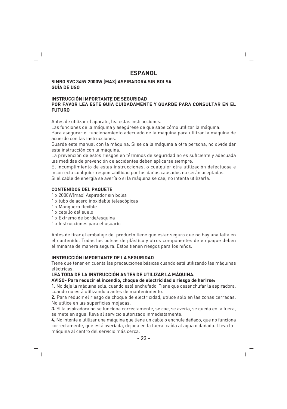 Espanol | SINBO SVC 3459 User Manual | Page 24 / 51