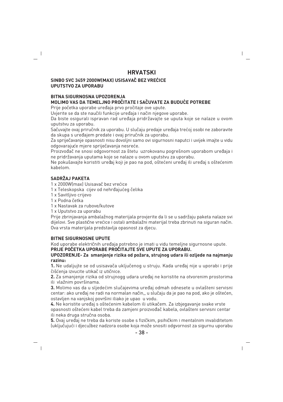 Hrvatski | SINBO SVC 3459 User Manual | Page 39 / 51