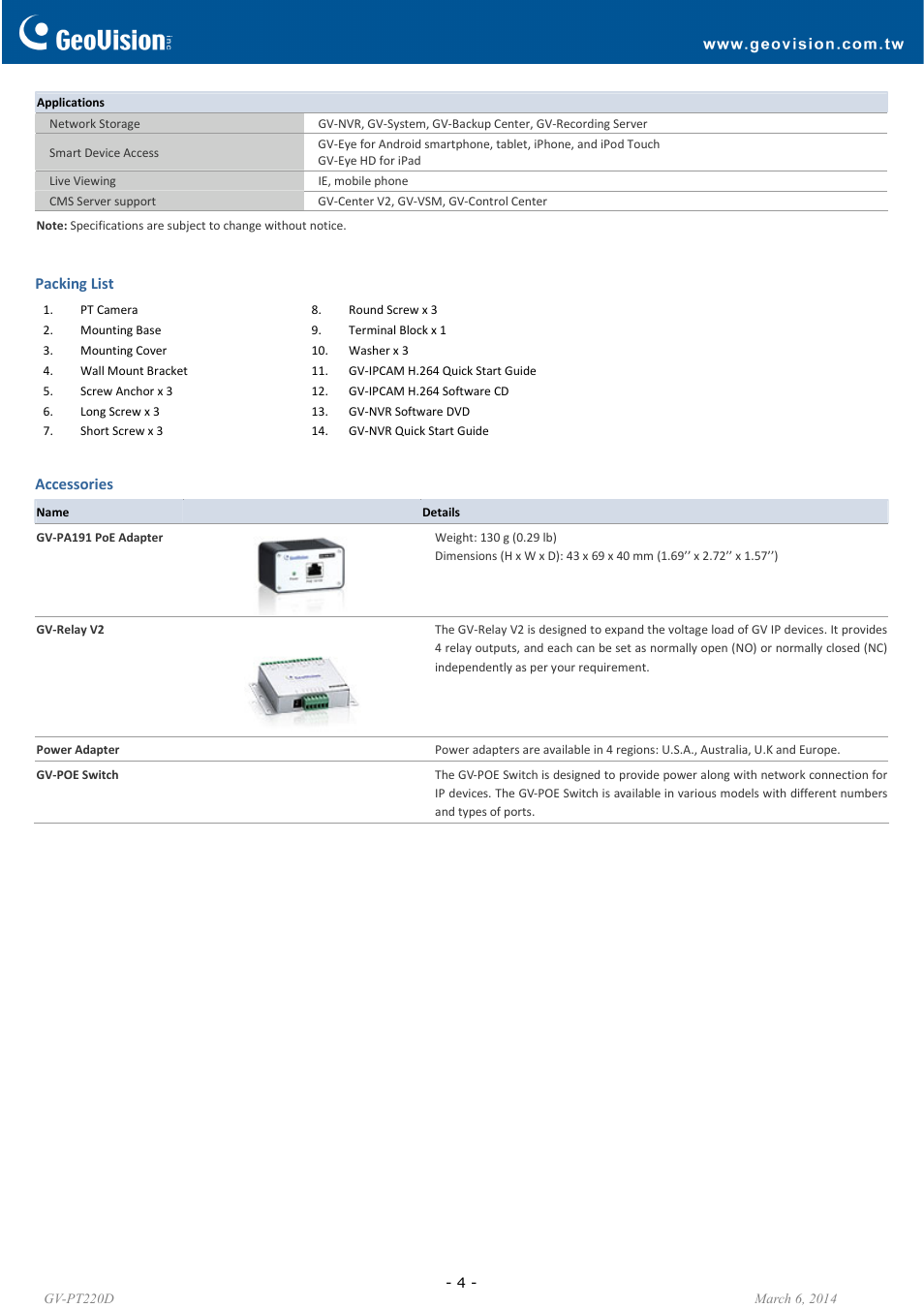 GeoVision PT220D User Manual | Page 4 / 4