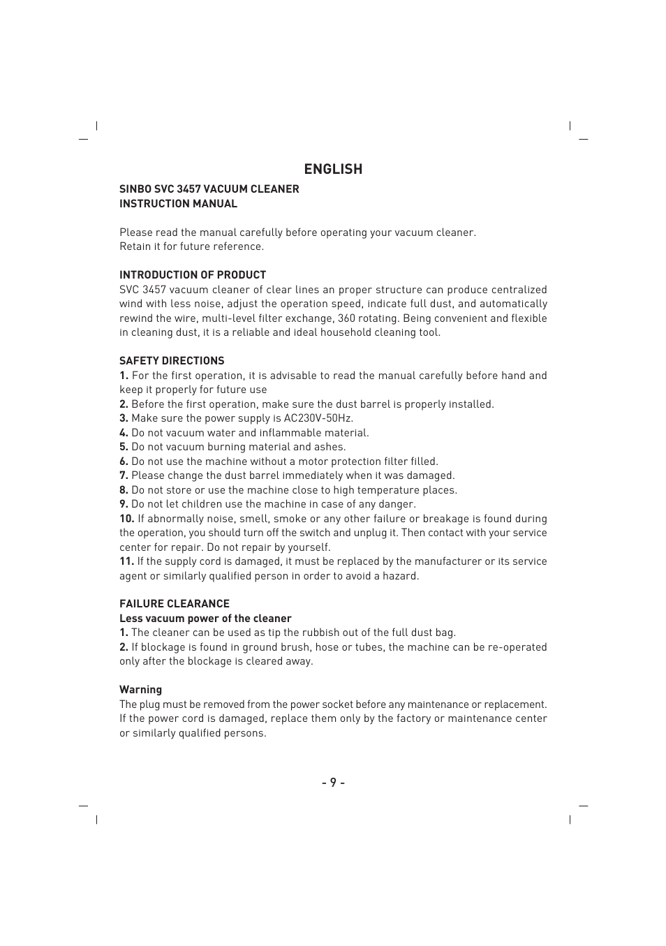 English | SINBO SVC 3457 User Manual | Page 10 / 45