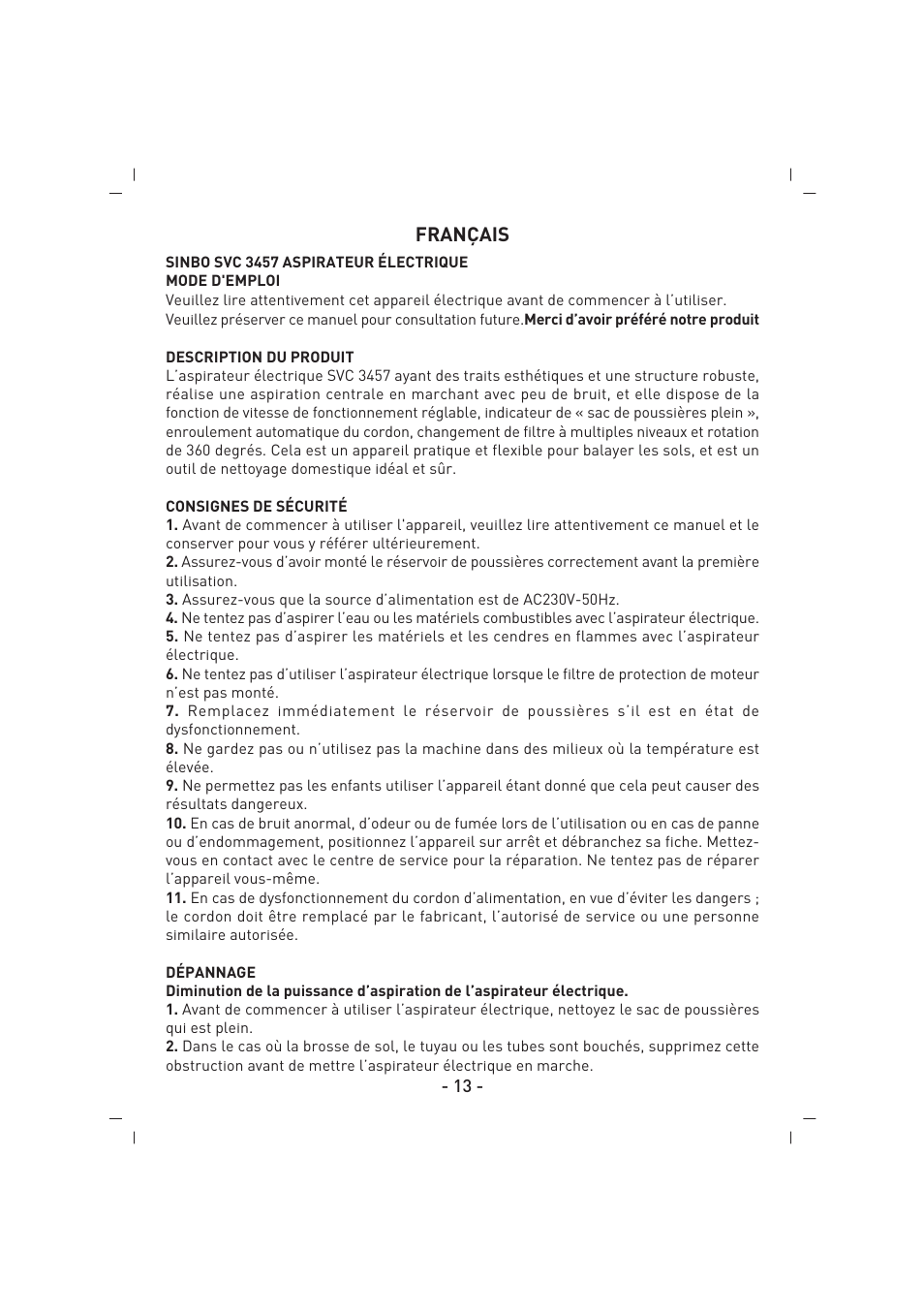 Français | SINBO SVC 3457 User Manual | Page 14 / 45