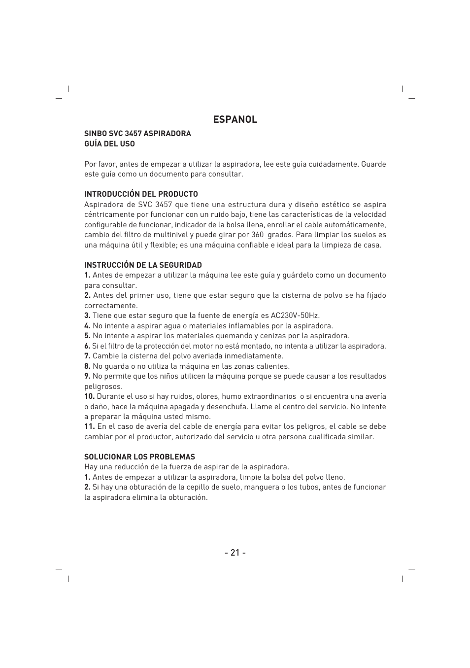 Espanol | SINBO SVC 3457 User Manual | Page 22 / 45