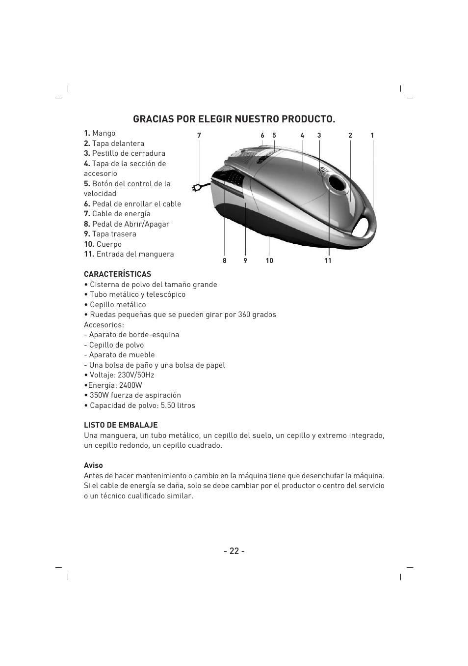 Gracias por elegir nuestro producto | SINBO SVC 3457 User Manual | Page 23 / 45