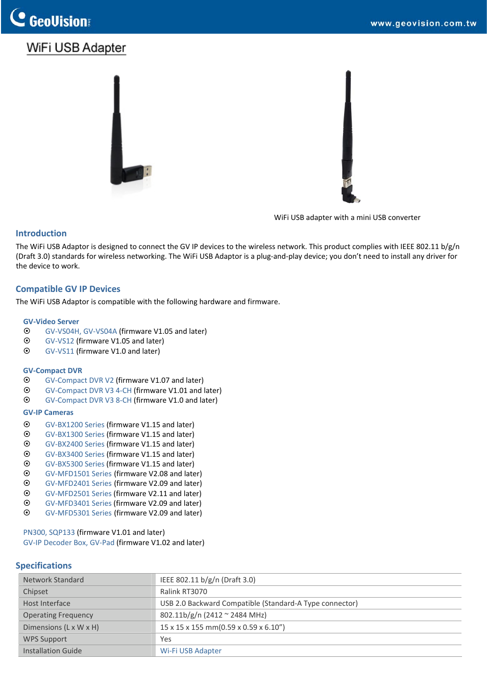 GeoVision WiFi USB adapter User Manual | 2 pages