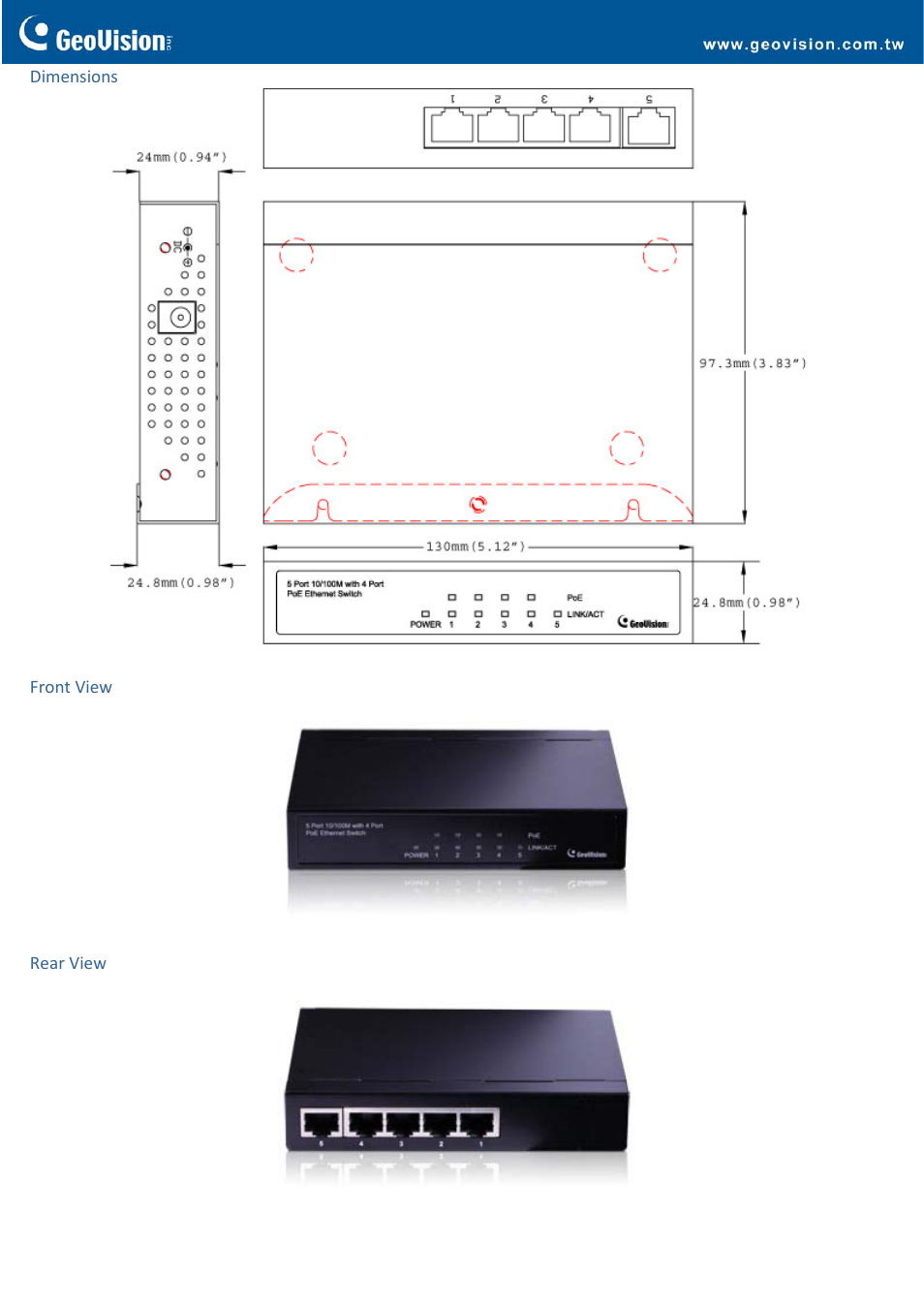 Dimensions, Front view, Rear view | GeoVision POE0400 User Manual | Page 2 / 3