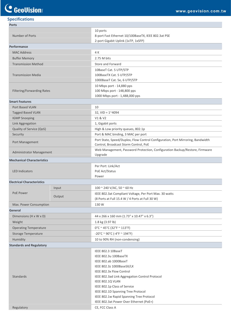 Specifications | GeoVision POE0801 User Manual | Page 2 / 3