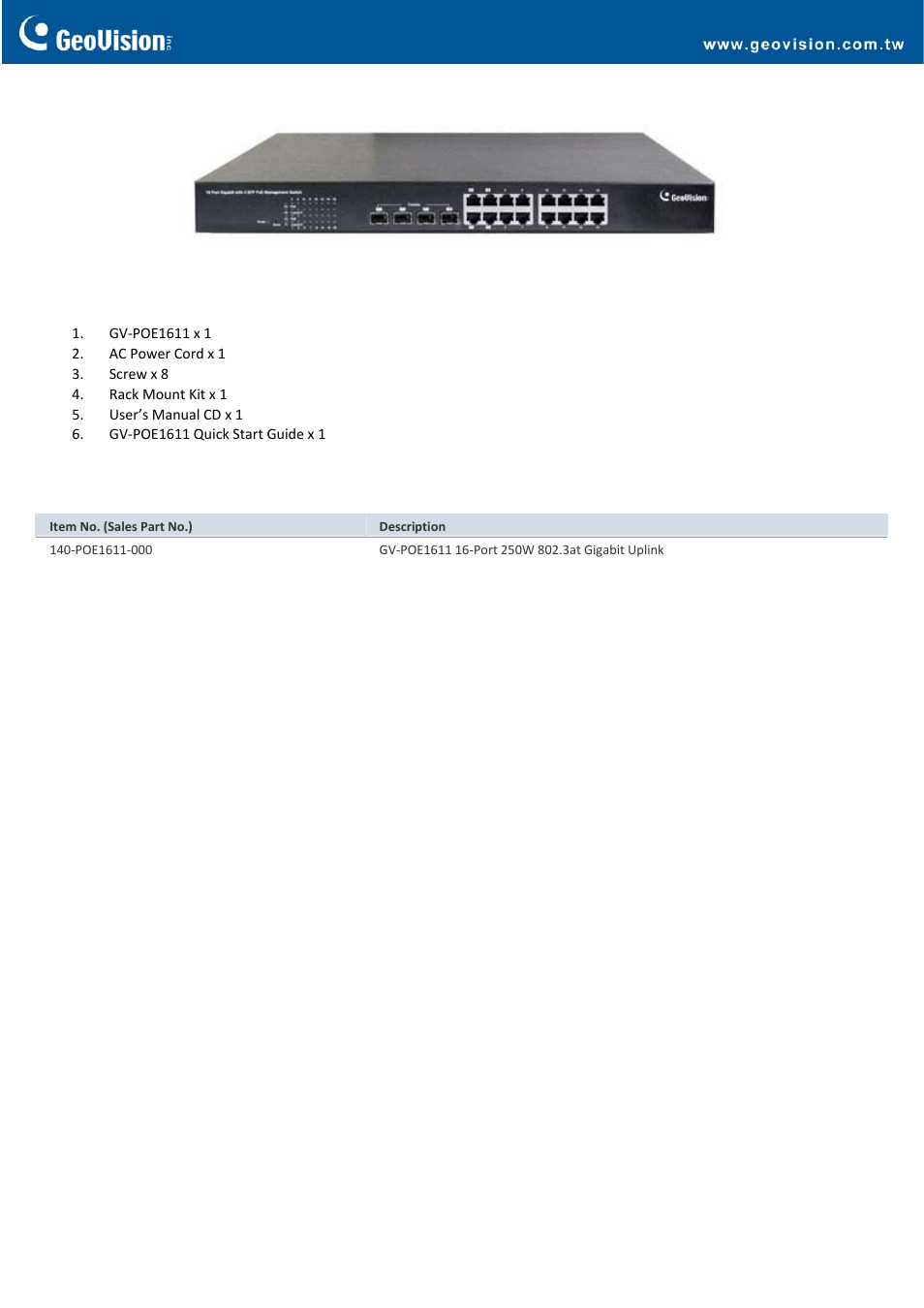 Front view, Packing list, Ordering info | GeoVision POE1611 User Manual | Page 3 / 3