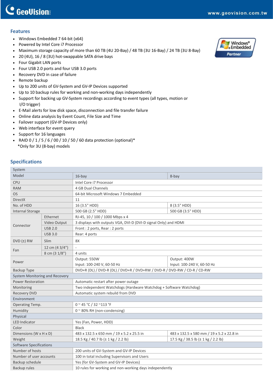 Features, Specifications | GeoVision Hot Swap Backup Center System (Rev. B) – 3U, 16_8-Bay User Manual | Page 2 / 5