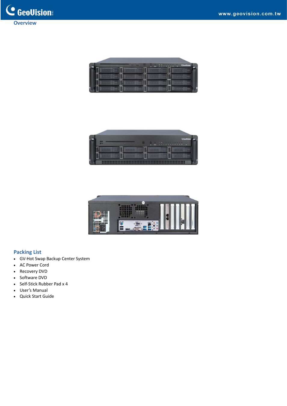 Overview, Packing list | GeoVision Hot Swap Backup Center System (Rev. B) – 3U, 16_8-Bay User Manual | Page 4 / 5