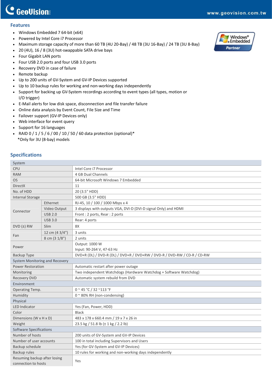 Features, Specifications | GeoVision Hot Swap Backup Center System (Rev. B) – 4U, 20-Bay User Manual | Page 2 / 4