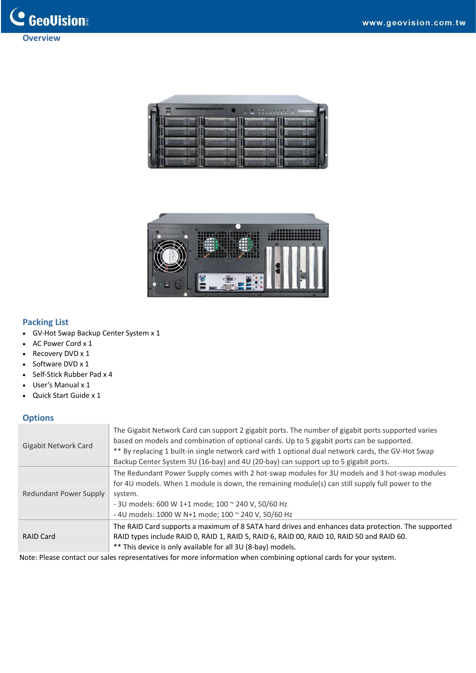 Overview, Packing list, Options | GeoVision Hot Swap Backup Center System (Rev. B) – 4U, 20-Bay User Manual | Page 4 / 4