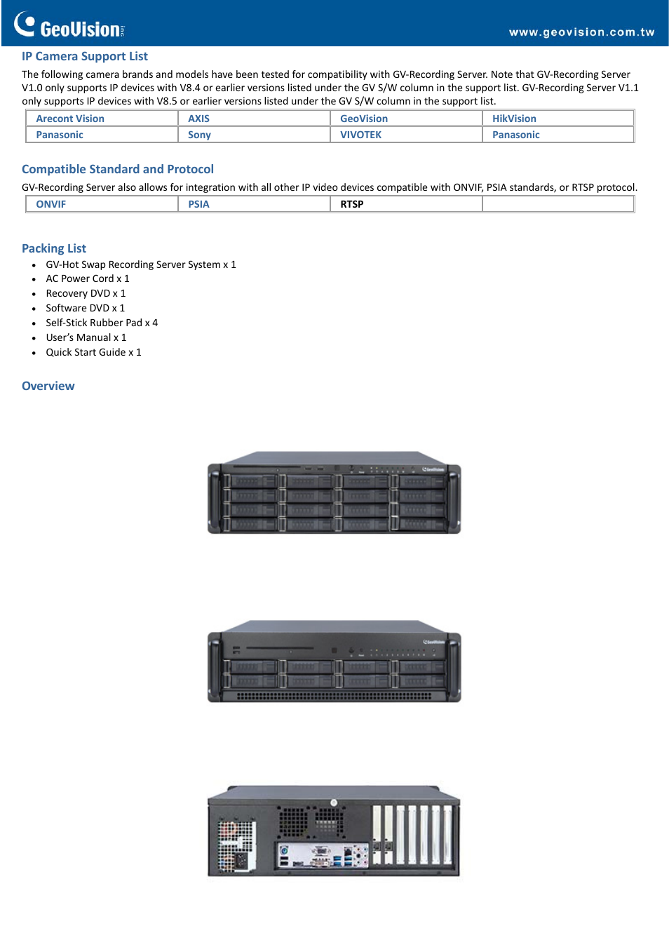 Ip camera support list, Compatible standard and protocol, Packing list | Overview | GeoVision Hot Swap Recording Server System (Rev. B) - 4U, 20-Bay User Manual | Page 4 / 5