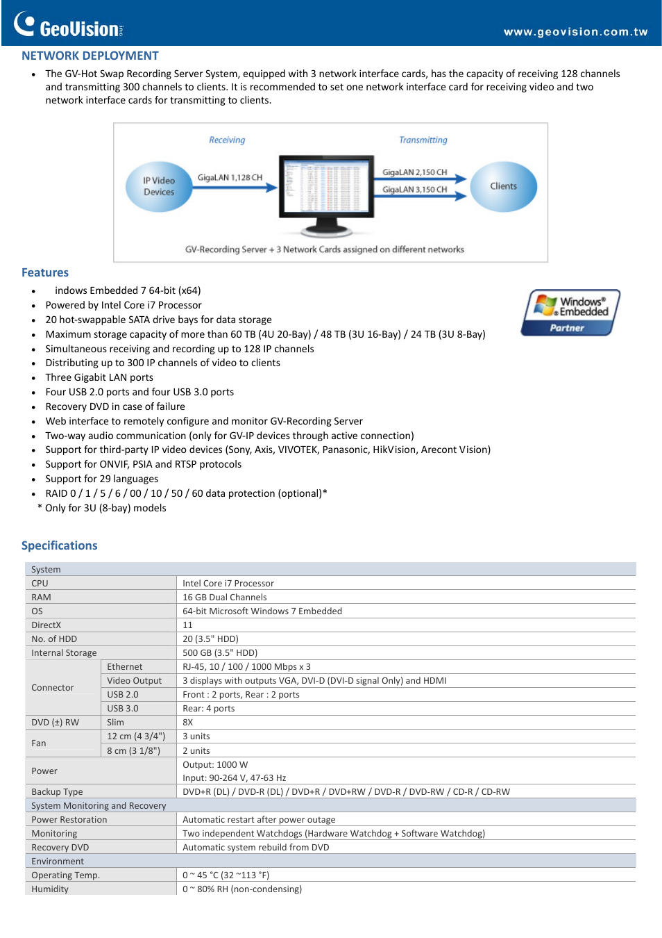 Network deployment, Features, Specifications | GeoVision Hot Swap Recording Server System V5 (Rev. B) - 4U, 20-Bay User Manual | Page 2 / 5