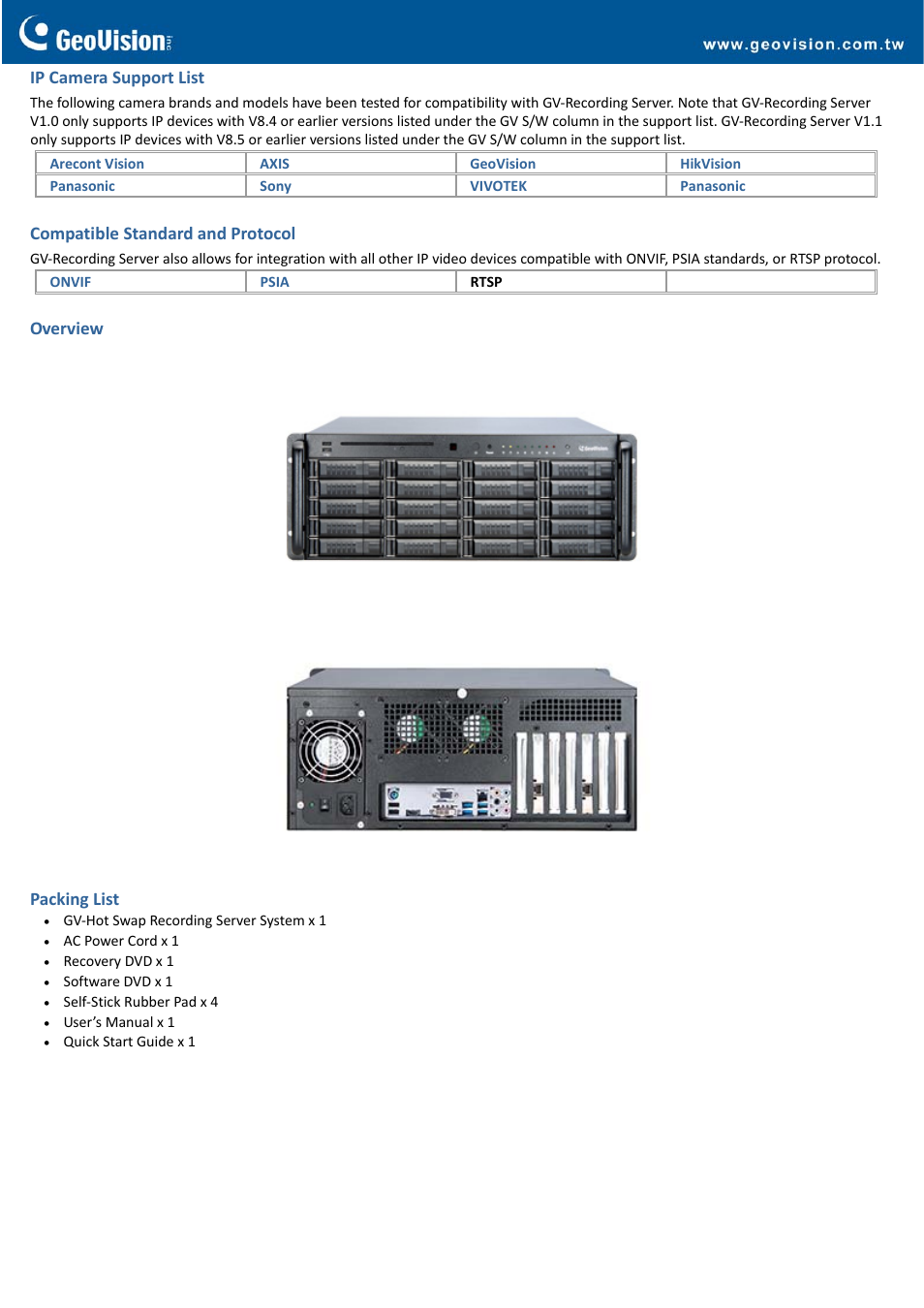 Ip camera support list, Compatible standard and protocol, Overview | Packing list | GeoVision Hot Swap Recording Server System V5 (Rev. B) - 4U, 20-Bay User Manual | Page 4 / 5