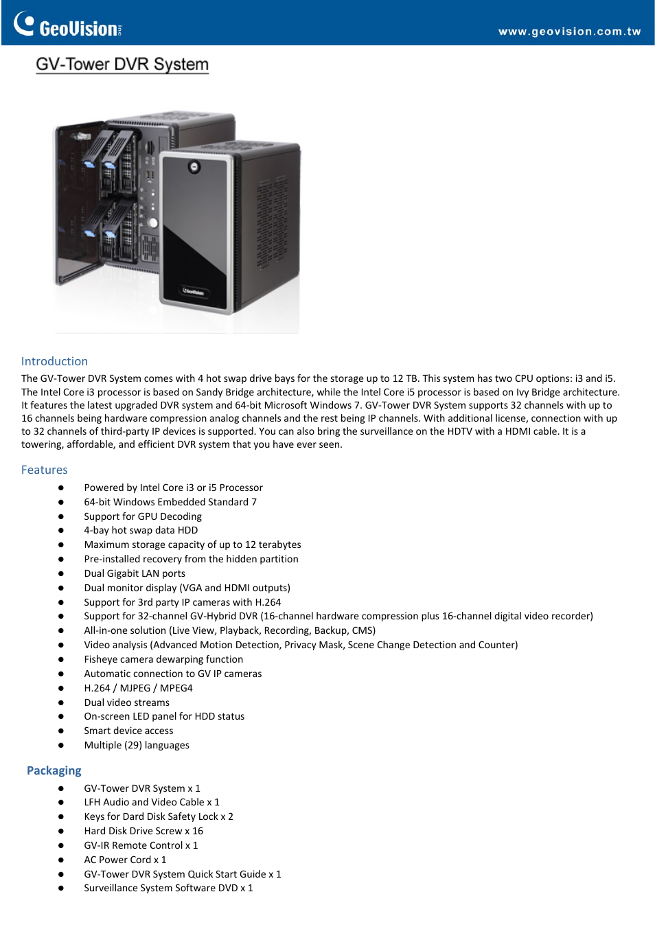 GeoVision Tower DVR System User Manual | 4 pages