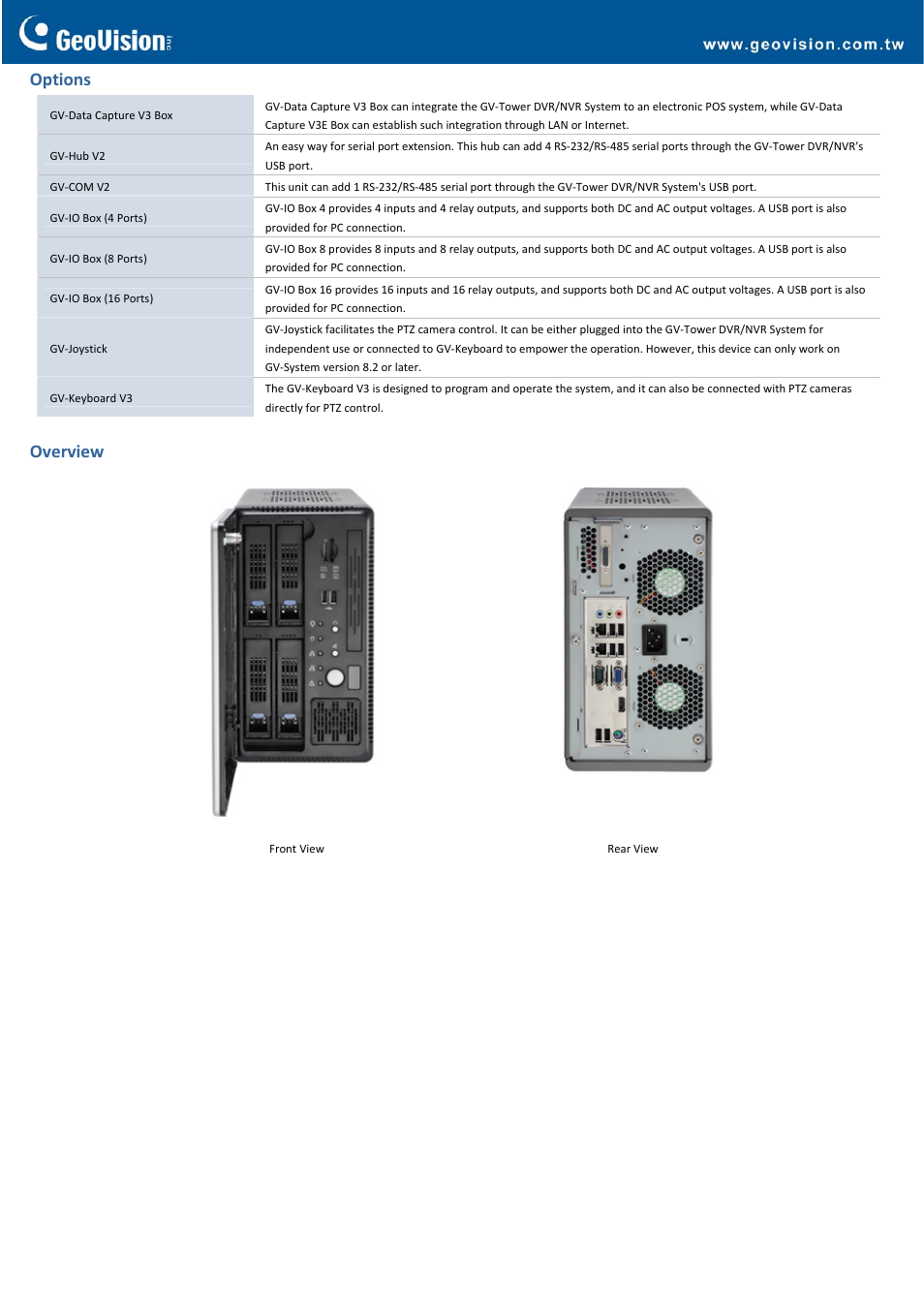 Options, Overview | GeoVision Tower DVR System User Manual | Page 4 / 4